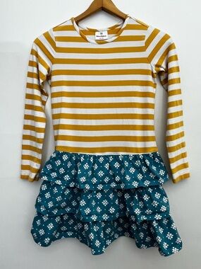 Hanna Andersson Girls Stripe Floral Tiered Ruffle Twirl Dress Long Sleeve Cotton